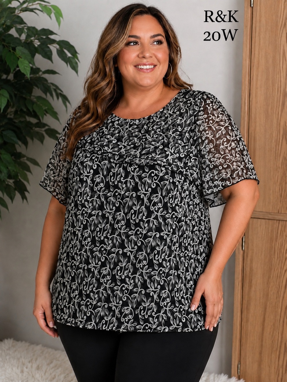 R&K Originals Woman Size 20W Black White Floral Sheer Layered Blouse